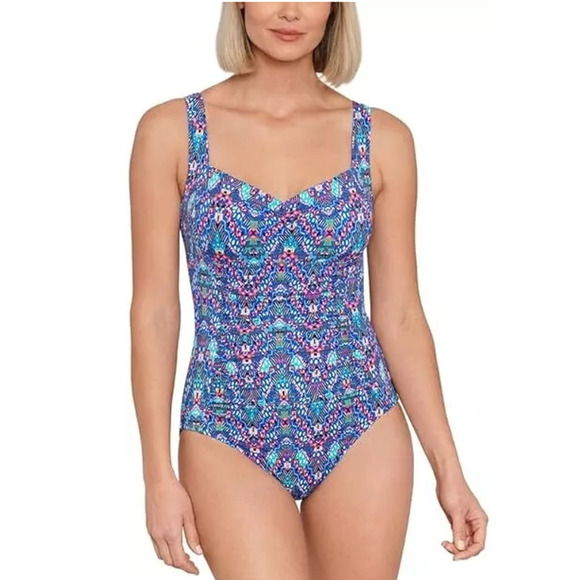 Swim Solutions Shirred Tummy Control One Piece Size 12 Blue Chevron Stripe New - Picture 1 of 6